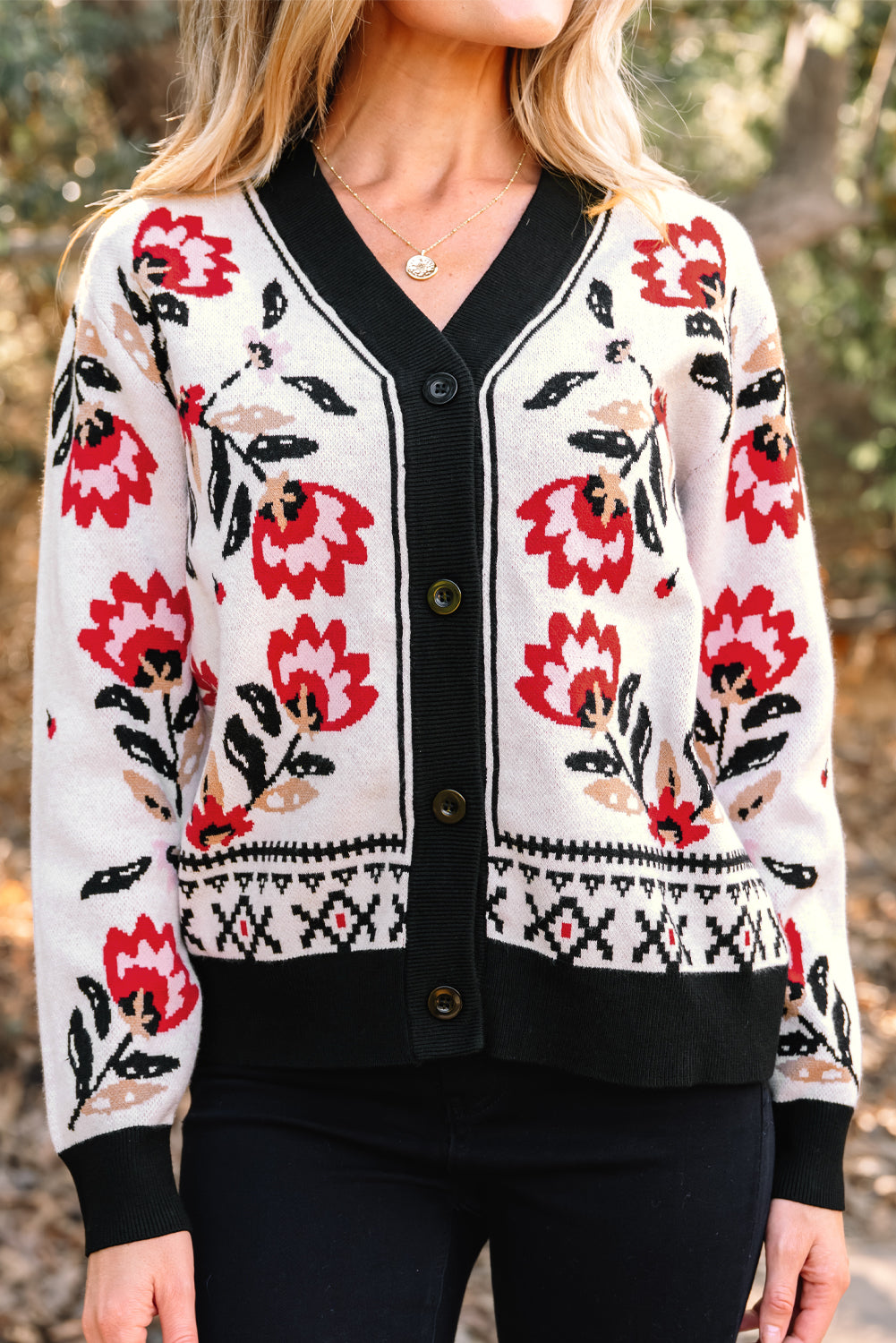 Floral Button-Up Knit Cardigan