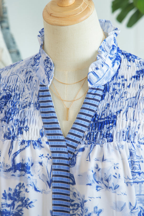 Animal Paradise Print Striped Panel Gathered V-Neck Blouse