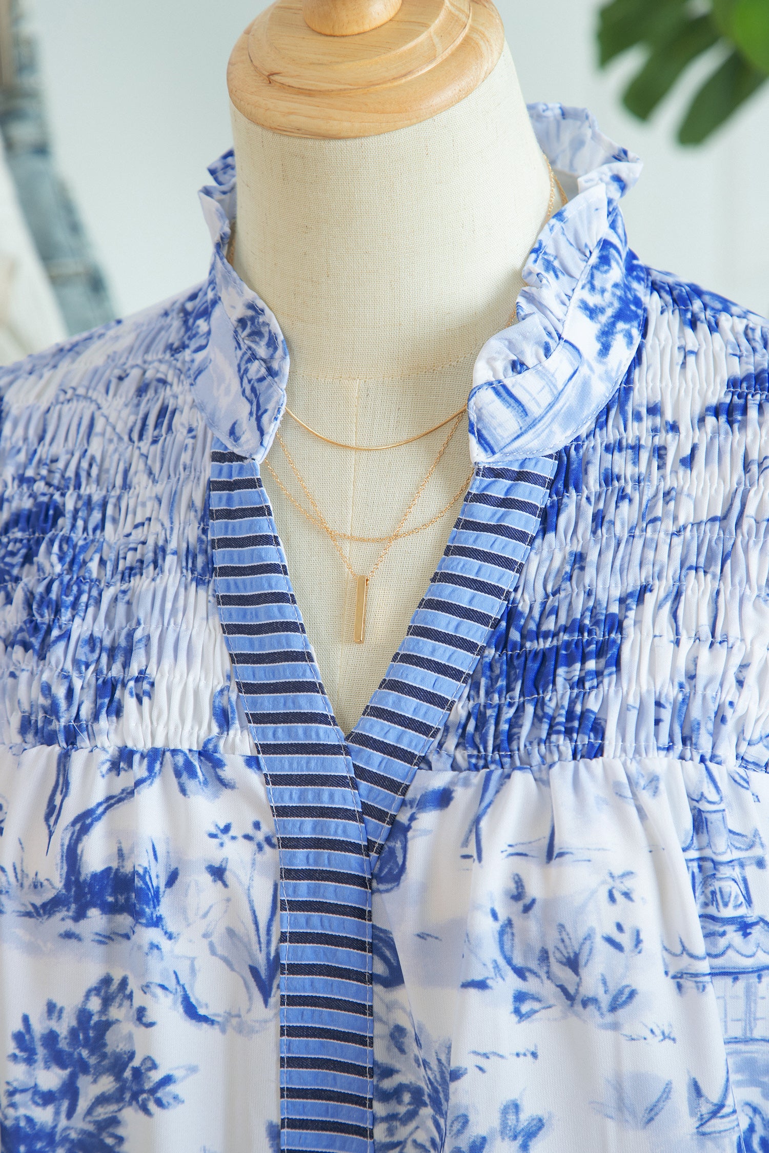 Animal Paradise Print Striped Panel Gathered V-Neck Blouse