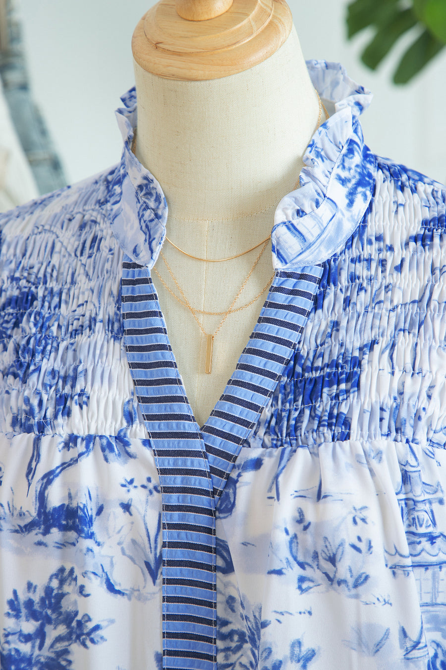 Animal Paradise Print Striped Panel Gathered Blouse Women UK — fabric texture detail | Fashionfitz UK