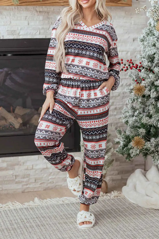 Black christmas retro print lounge set v-neck top high waist pants loungewear