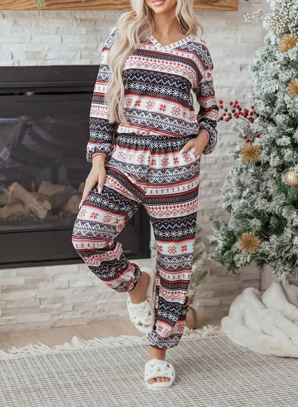 Black christmas retro print lounge set v-neck top high waist pants loungewear