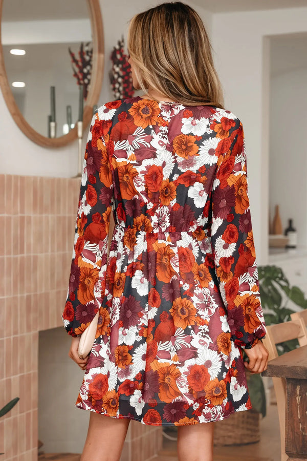 Red Floral Wrap V Neck Puff Sleeve Flowy Mini Dress Women UK — back view