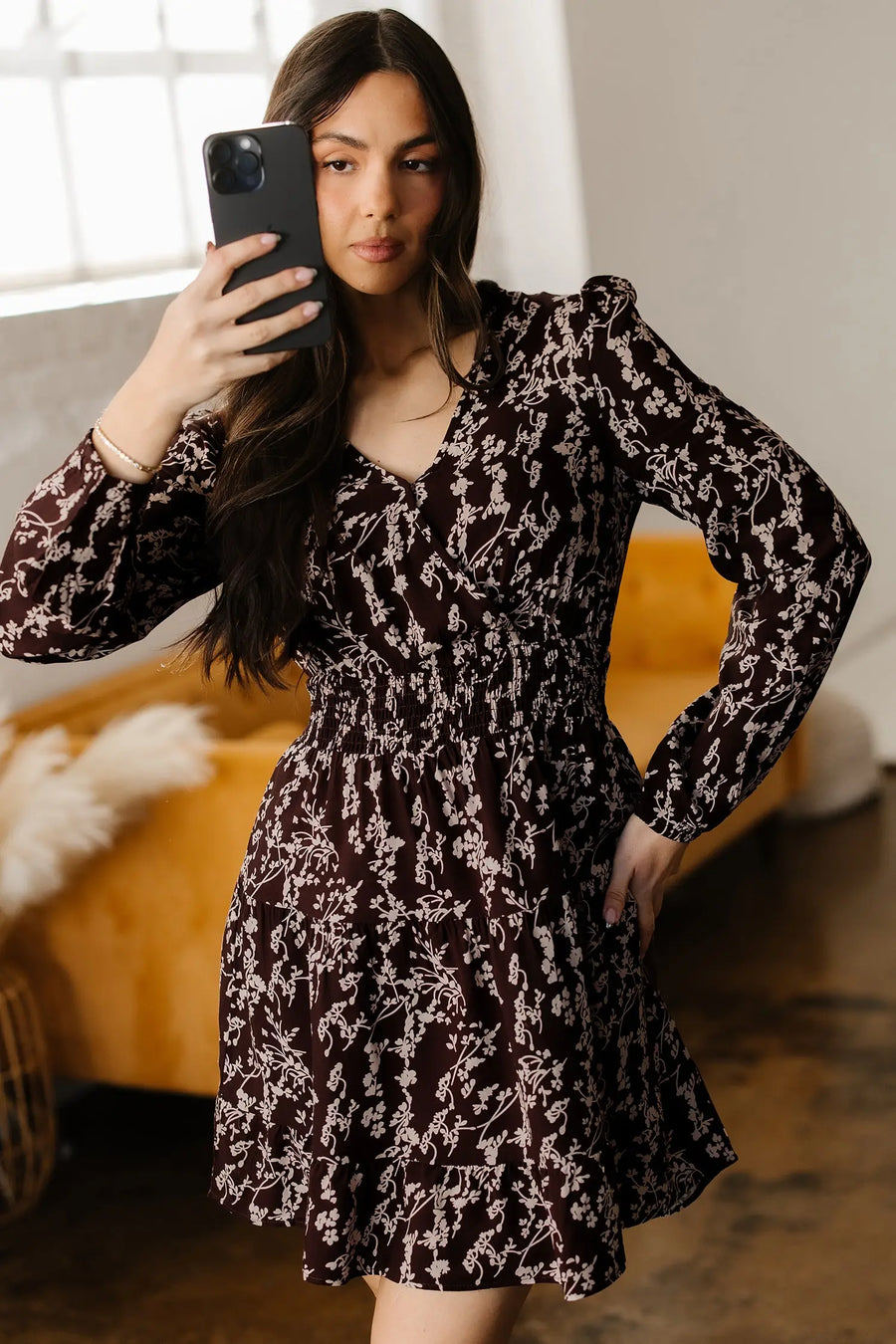 Brown Ditsy Floral Split Neck Long Sleeve Shirred Mini Dress Women UK — full length