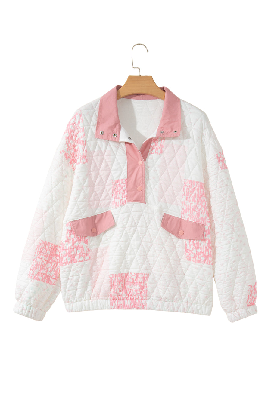 Pink Floral Quilted Half Button Pocketed Pullover Sweatshirt