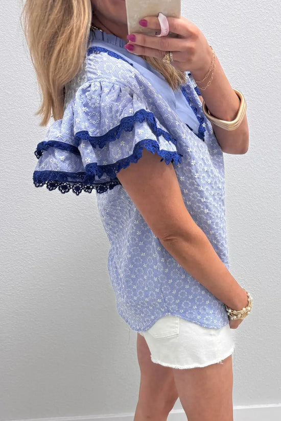 Eyelet embroidered flutter sleeve blouse with lace trim blouses