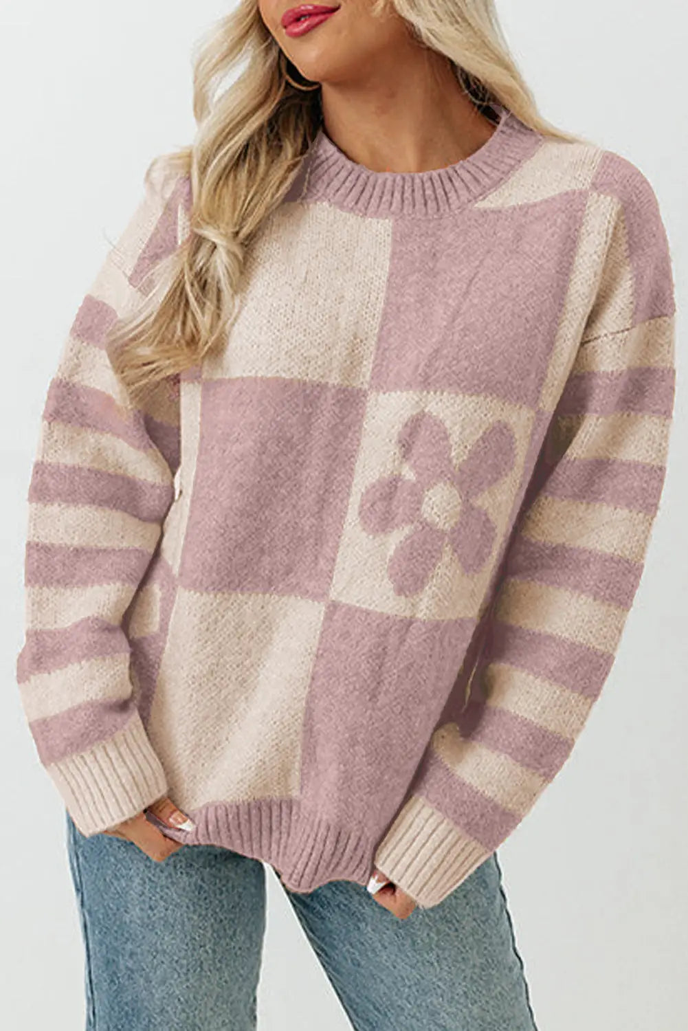 Brown checkered floral print striped sleeve sweater