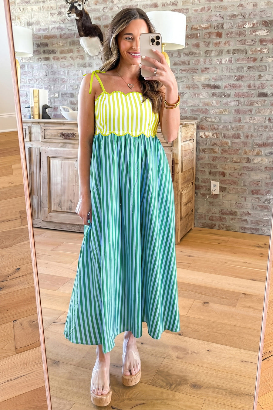 Stripe Scalloped Patchwork Knot Strap Midi Dress Women UK