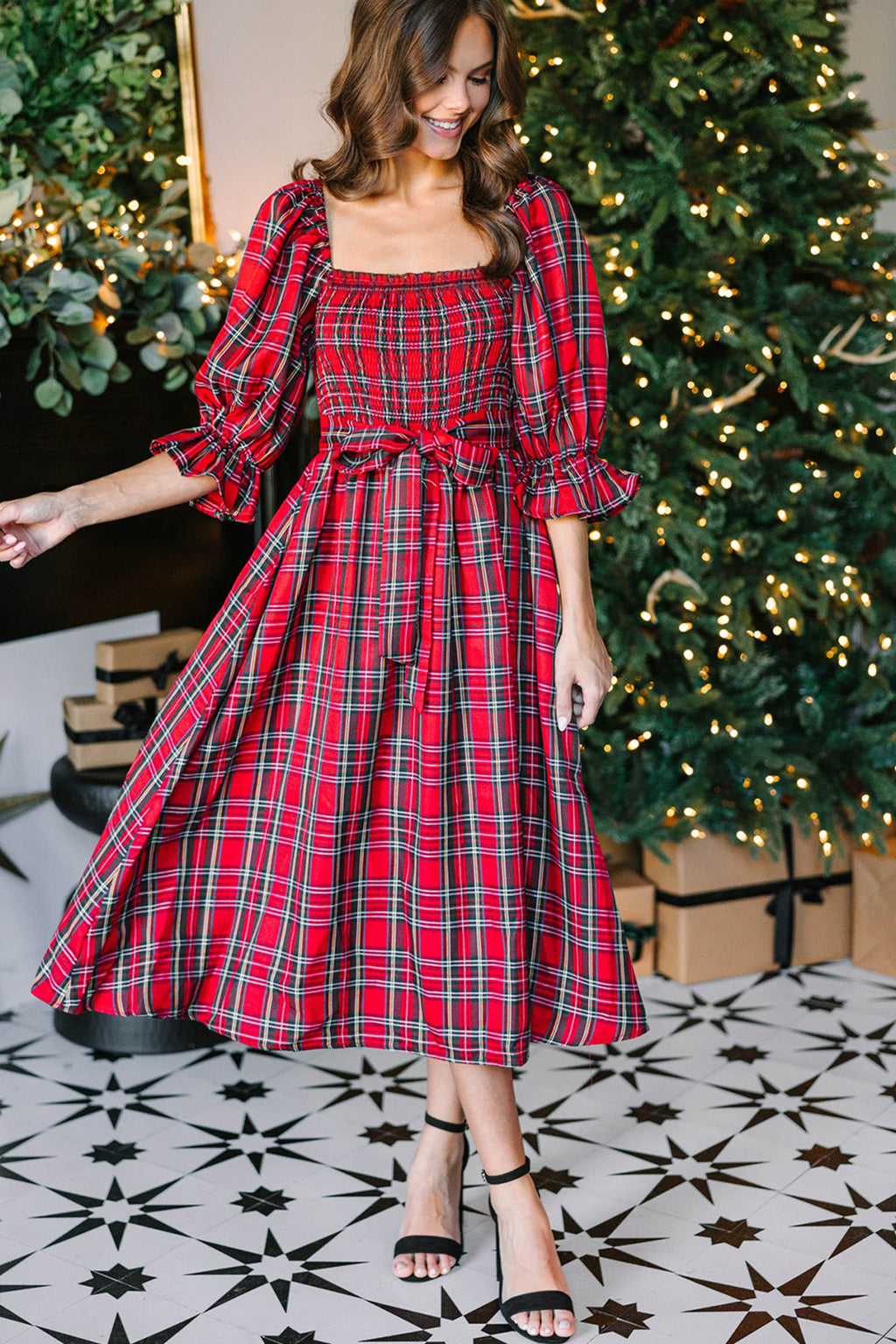 Red Green Tartan Plaid Flared Midi Dress