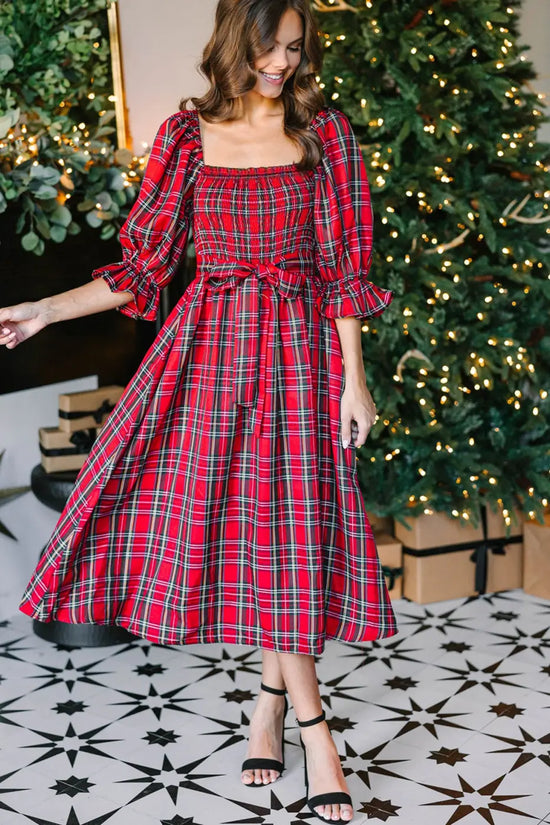 Red green tartan plaid flared midi dress dresses