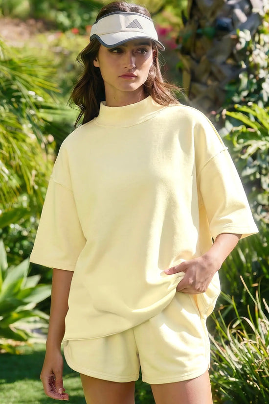 Exposed seam mock neck oversized tee shorts two piece set pockets outfit sets