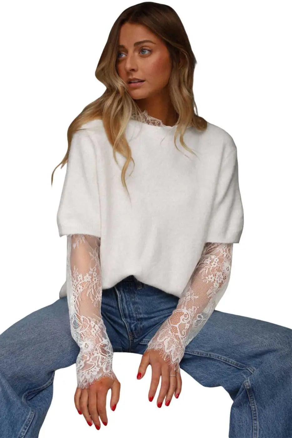 Beige lace sleeve fuzzy sweater women uk | fashionfitz