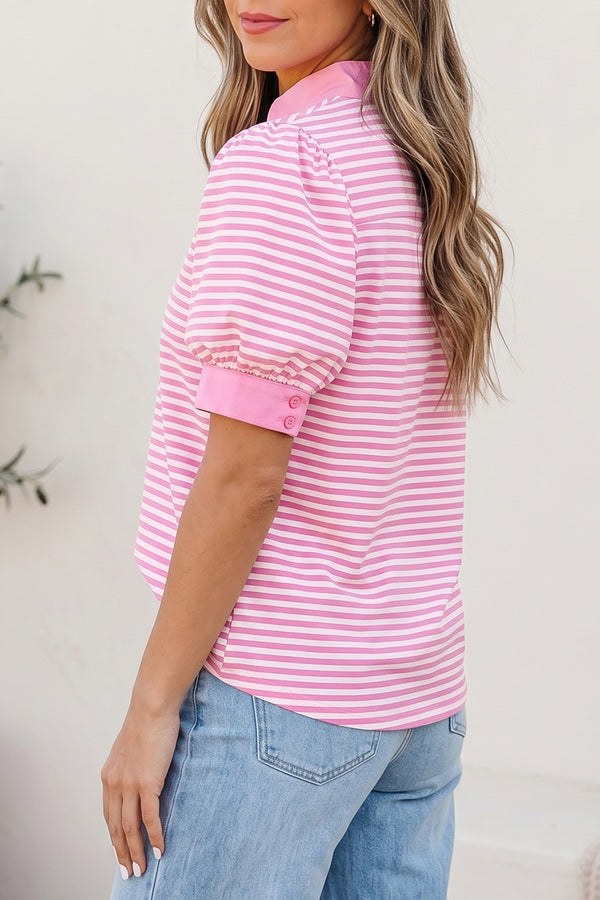 Pink Stripe Colourblock Split Neck Short Sleeve Blouse