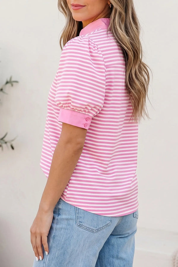 Pink Stripe Colourblock Split Neck Short Sleeve Blouse — side view | Fashionfitz UK