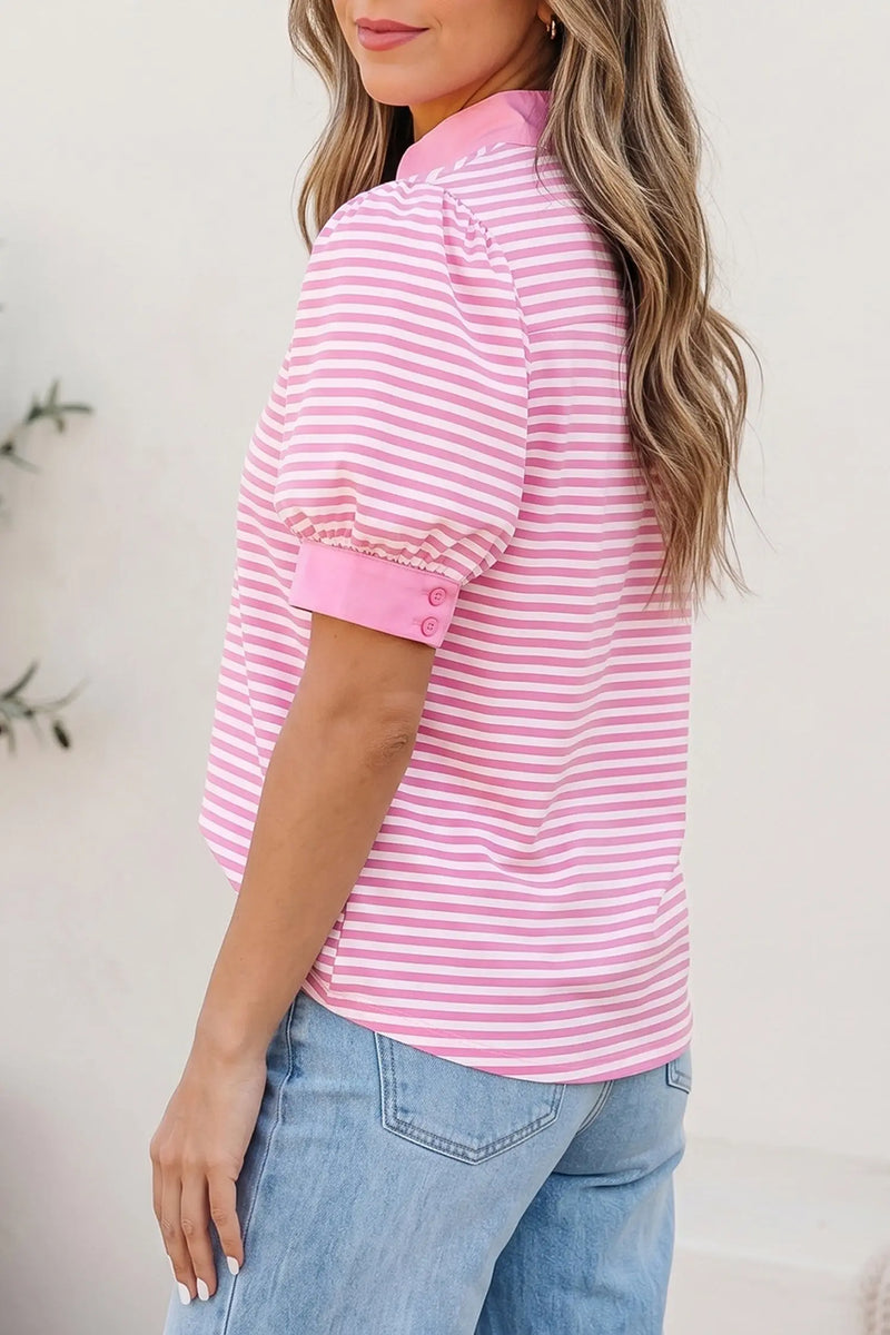 Pink stripe colourblock split neck blouse back view — Fashionfitz UK