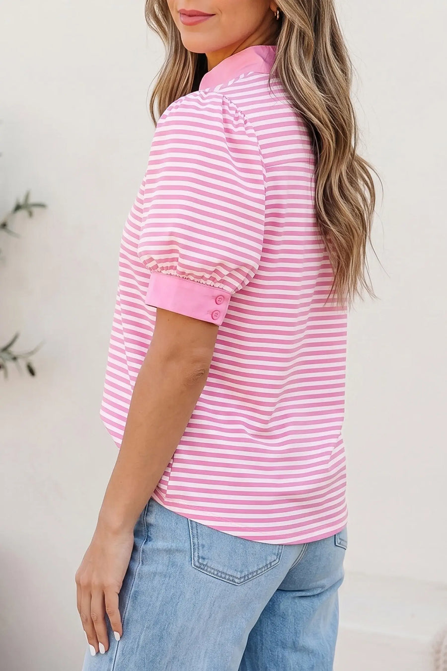 Pink stripe colourblock split neck blouse back view — Fashionfitz UK