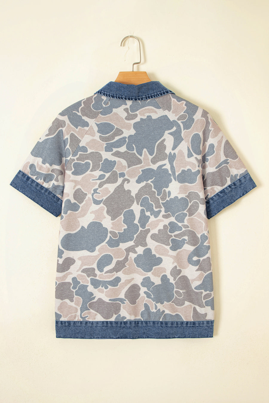 Multicolour Camouflage Print Denim Patchwork Polo Collar Tee