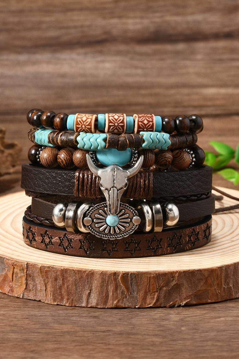 Six‑piece women’s western bracelet stack with bull‑skull charm, turquoise beads, and faux‑leather straps in chestnut brown