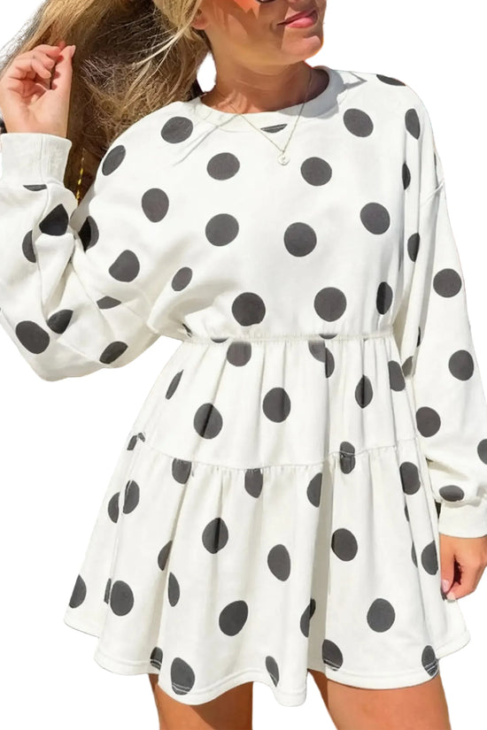 White polka dot printed long sleeve flared mini dress