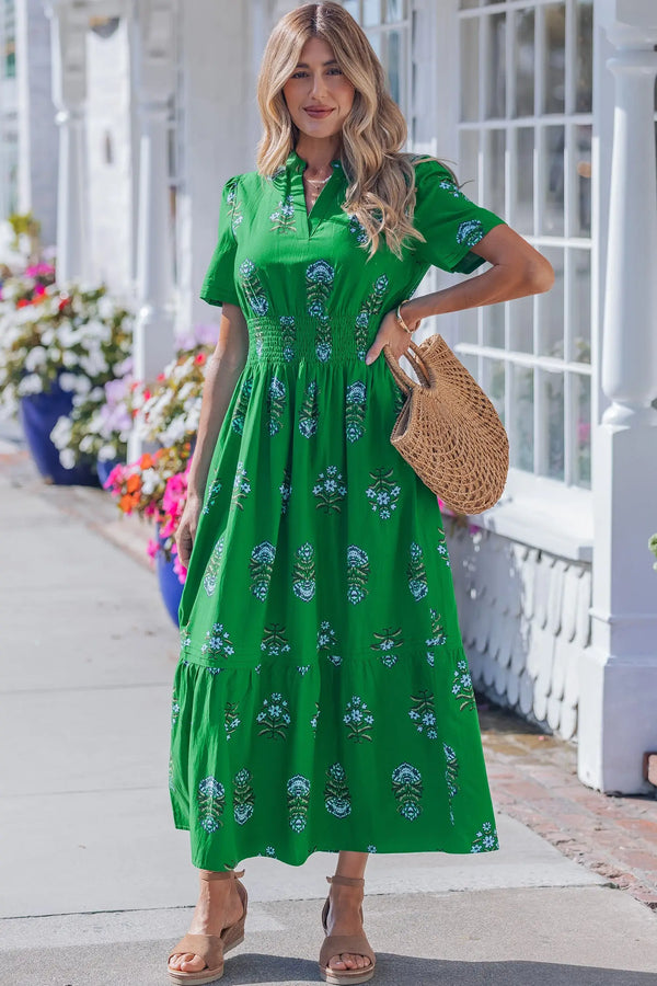 Green Floral Shirred Split Neck Ruffle Hem Maxi Dress Women UK — front view