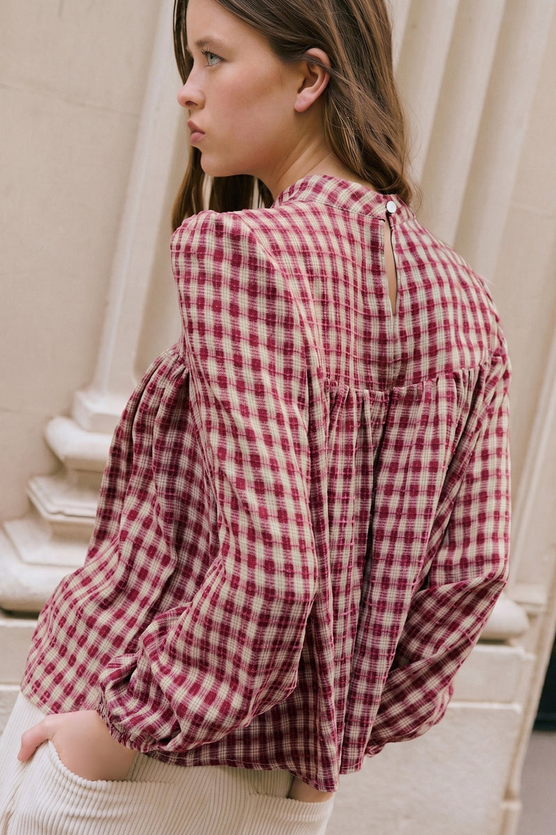Plaid Long Sleeve Button Keyhole Pleated Loose Blouse Women UK