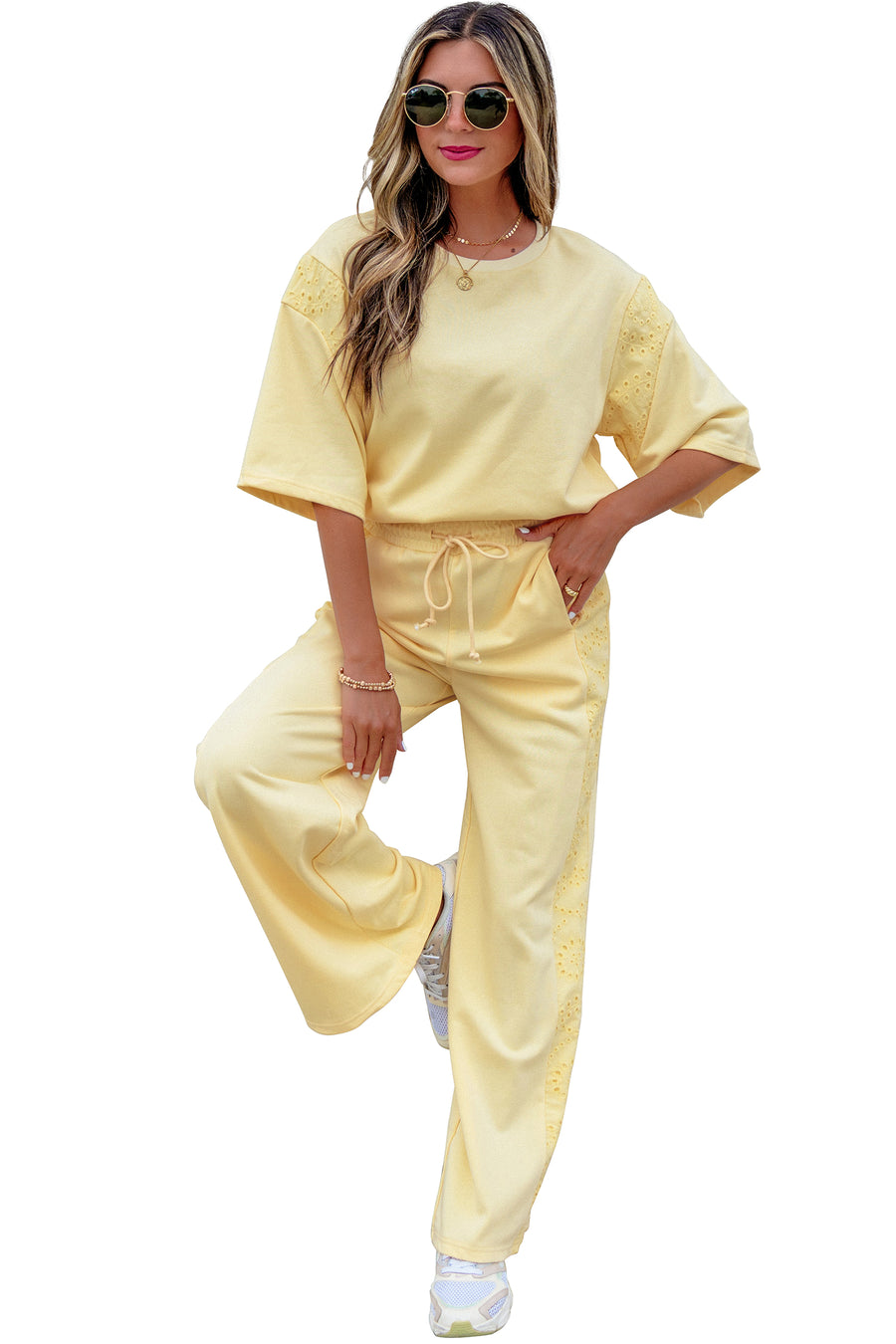 Lace Patchwork Half Sleeve Top & Wide Leg Pants Two Piece Set