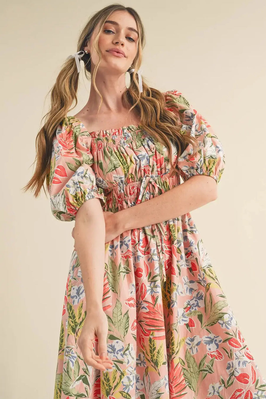 Apricot Pink Floral Smocked Bust Bubble Sleeve Maxi Dress Women UK