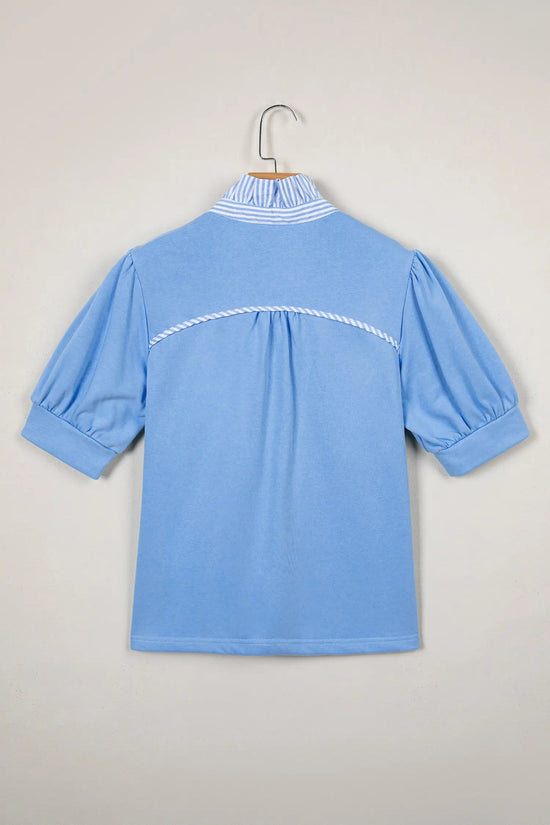 Striped frilled collar puff sleeve button front cotton blouse blouses