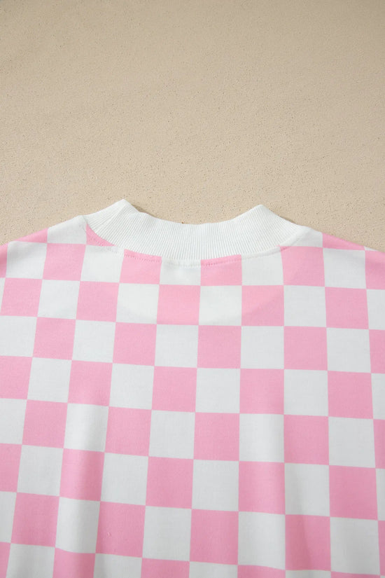 Checkered colour block trim mock neck short set outfit sets