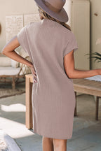 Cozy Oatmeal Sweater Dress – Soft Ribbed Knit with Pockets & Short Sleeves