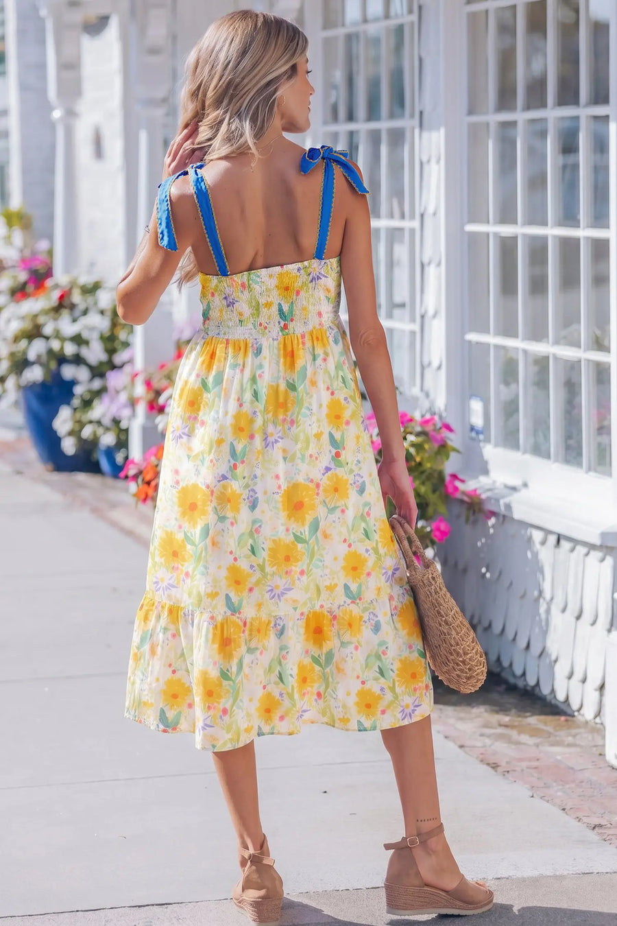 Yellow Floral Knot Denim Strap High Waist Shift Dress Women UK