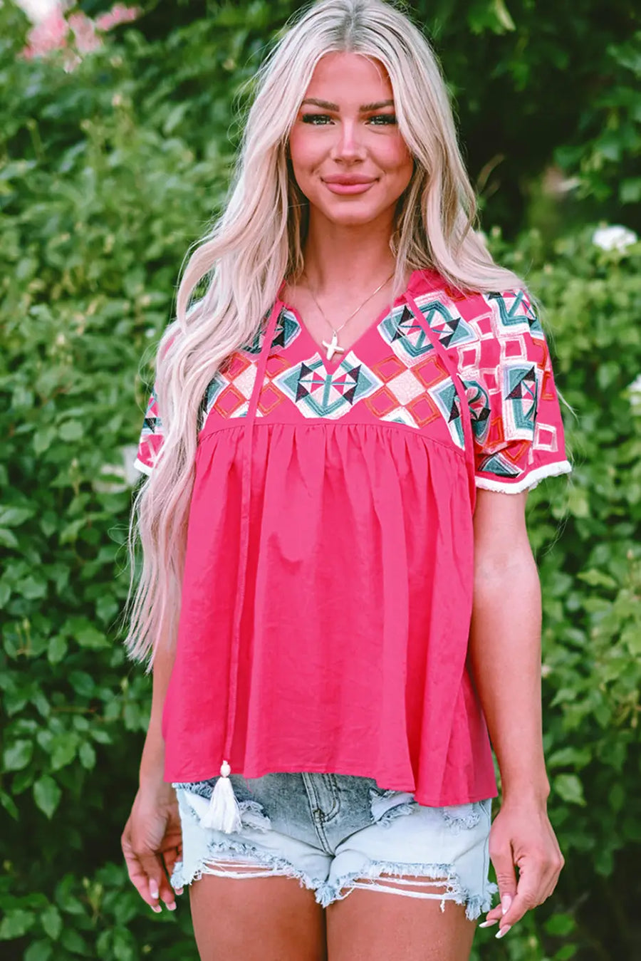 Pink embroidered cotton blouse - tassel tie | fashionfitz