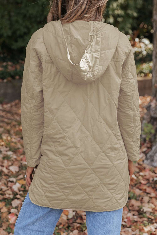 Back view of Khaki Quilted Puffer Jacket – Hooded Snap Button Coat showing diamond quilted pattern and hood, ideal for fall outerwear layering.