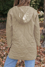 Back view of Khaki Quilted Puffer Jacket – Hooded Snap Button Coat showing diamond quilted pattern and hood, ideal for fall outerwear layering.