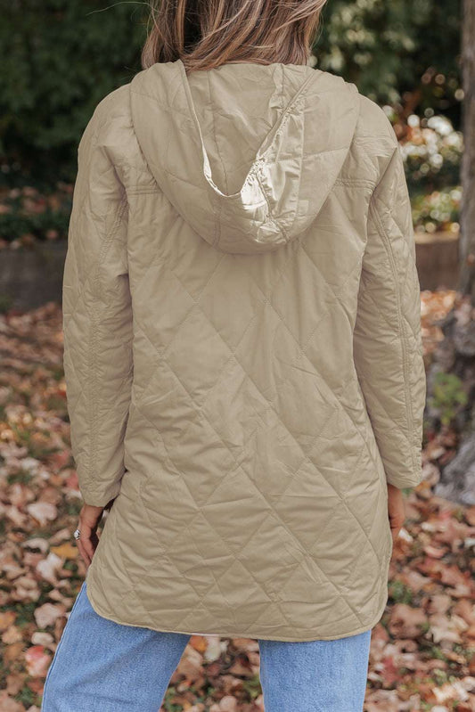 Back view of Khaki Quilted Puffer Jacket – Hooded Snap Button Coat showing diamond quilted pattern and hood, ideal for fall outerwear layering.