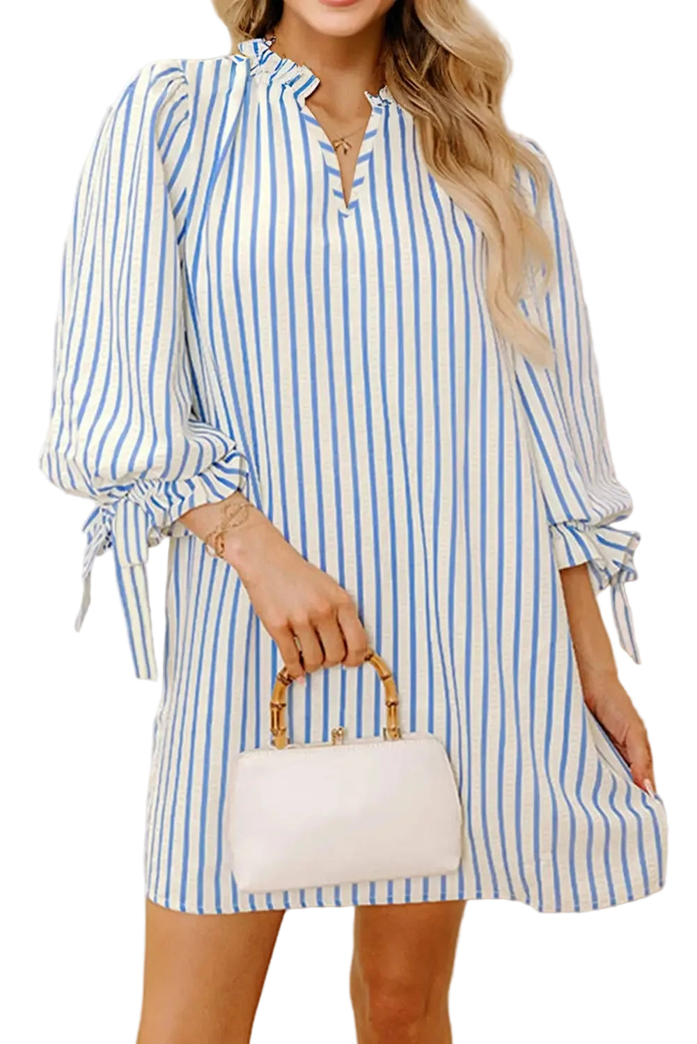 Sky blue stripe knotted sleeve notched shift mini dress