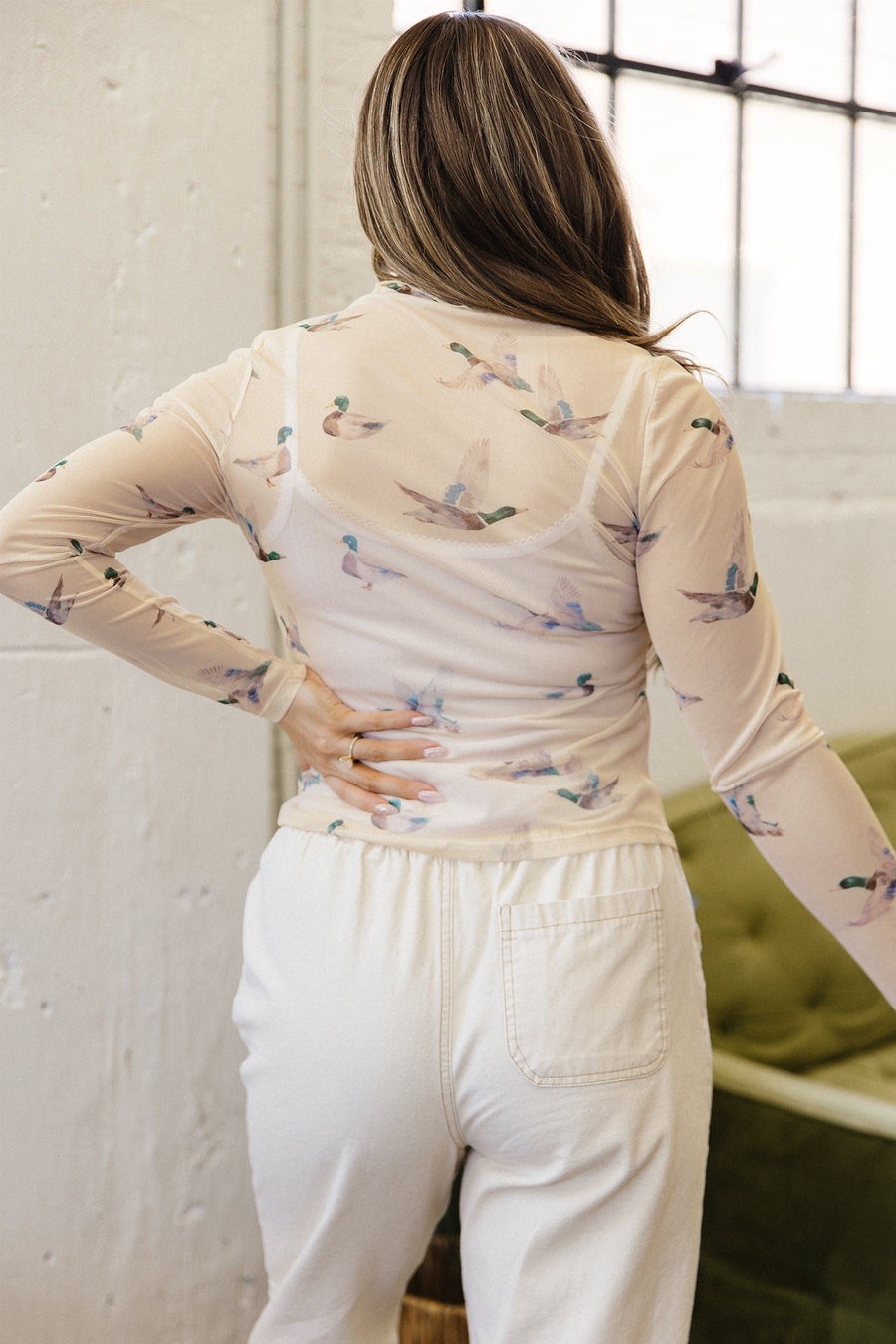 Western Print Mesh Sheer Long Sleeve Top