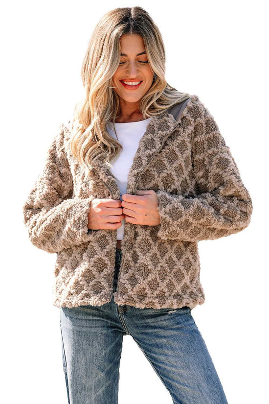 Camel Sherpa Fleece Jacket – Quilted Hooded Zip‑Up