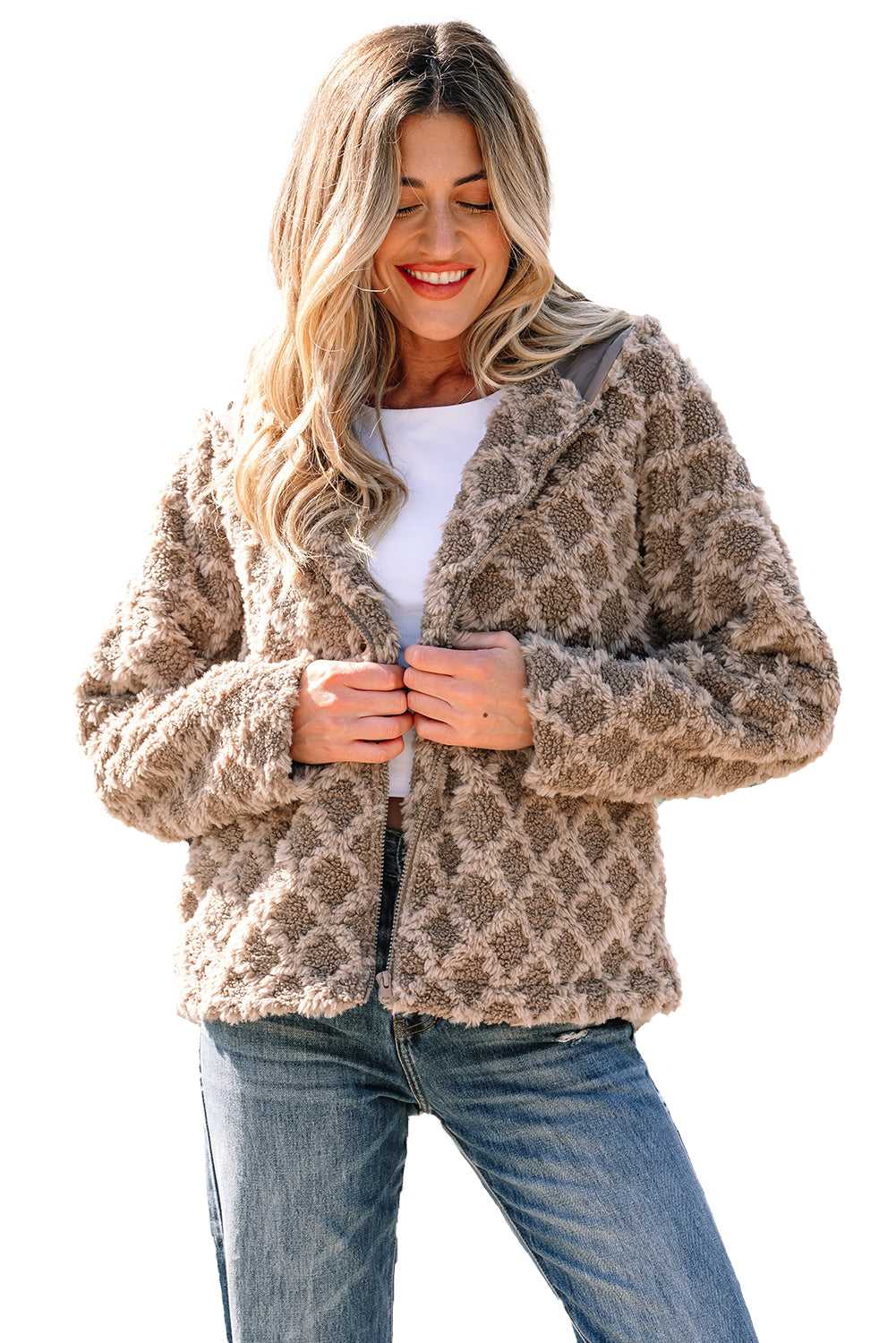 Camel Sherpa Fleece Jacket – Quilted Hooded Zip‑Up