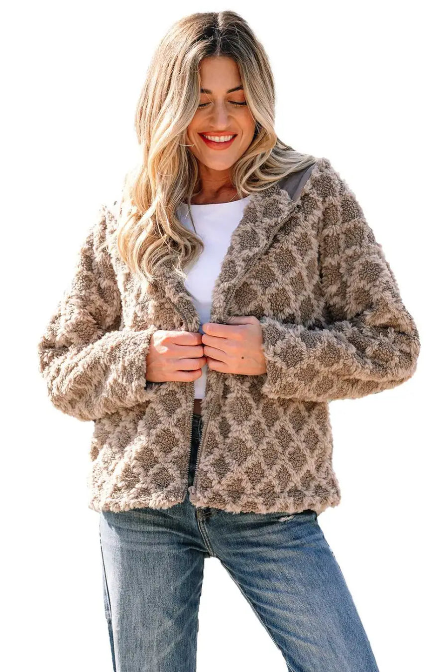 Camel sherpa fleece quilted hooded zip up jacket