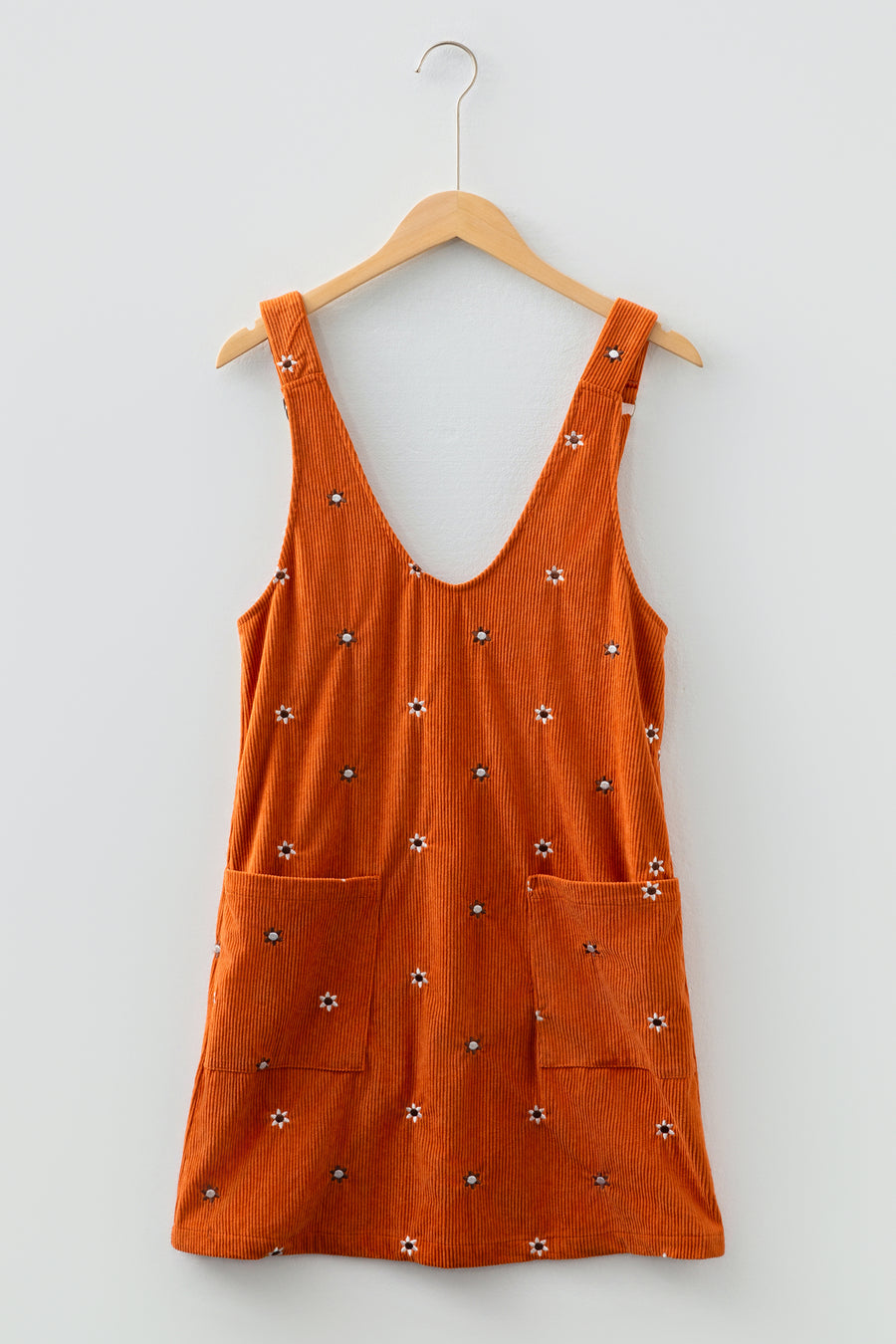 Gold Flame Flower Embroidered Corduroy Overall Mini Dress Women UK — full length