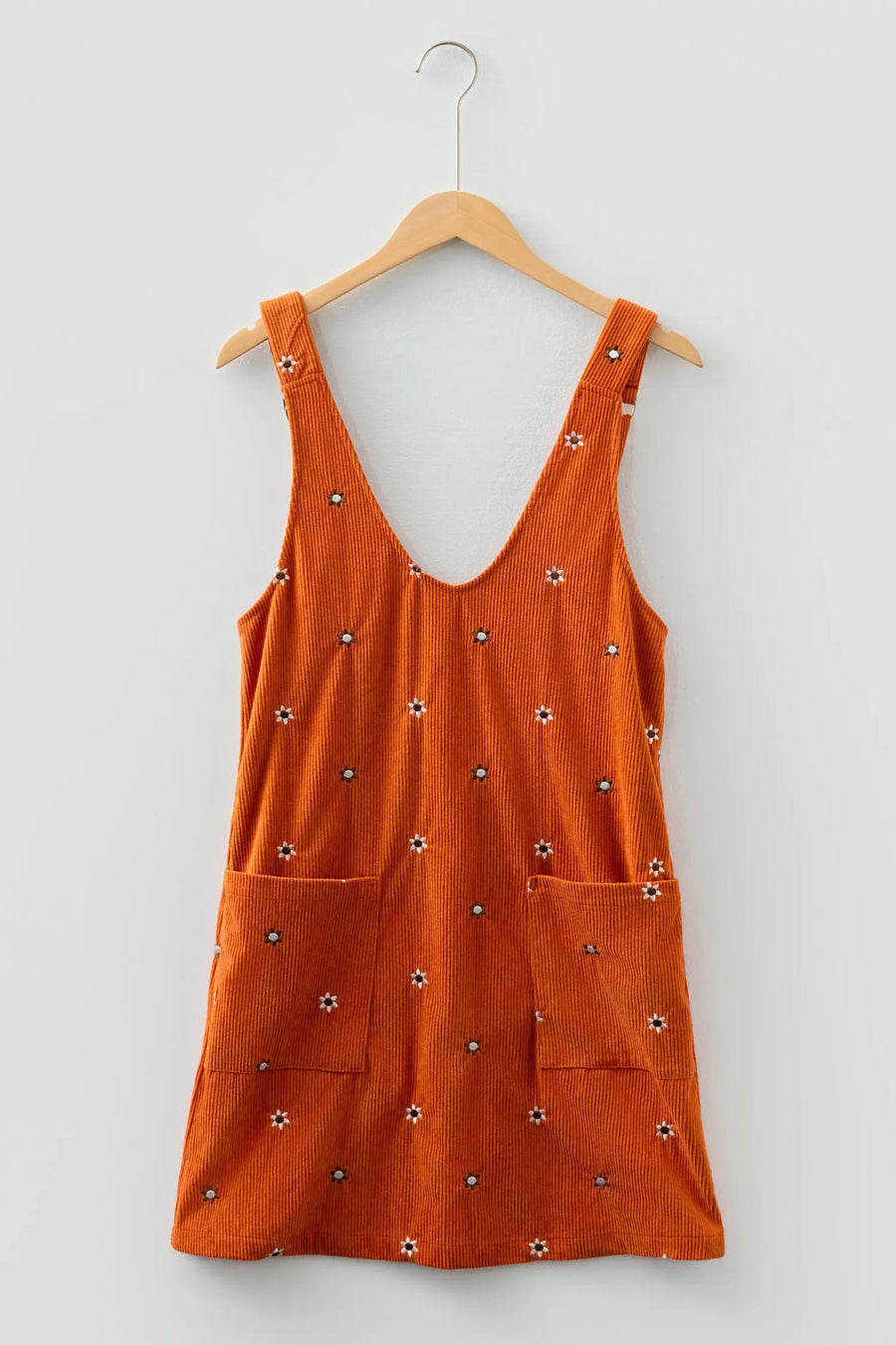 Gold Flame Flower Embroidered Corduroy Overall Mini Dress Women UK — full length