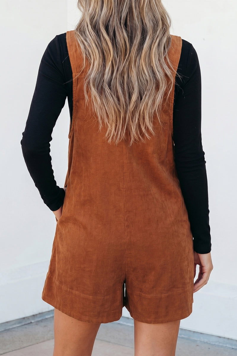 Cinnamon Corduroy Sleeveless Romper Tie V-Neck