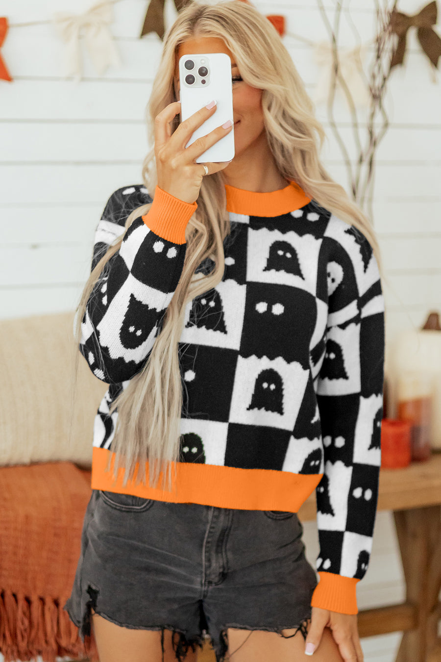 High Neck Drop Shoulder Geometric Print Sweater