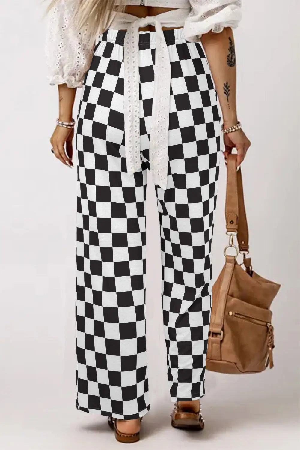 Red 2-tone checked print high waist wide leg pants