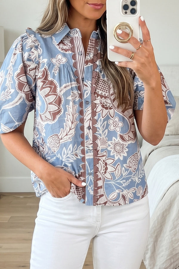 Boho Floral Scalloped Trim Short Sleeve Shirt Women UK