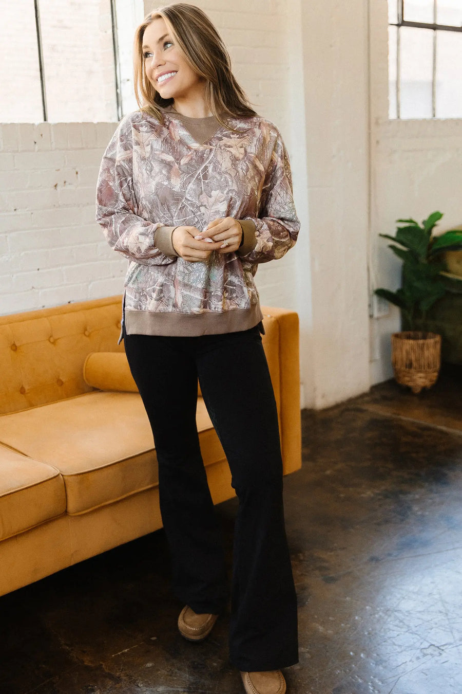 Brown Abstract Camo Colourblock Baggy Pullover Sweatshirt
