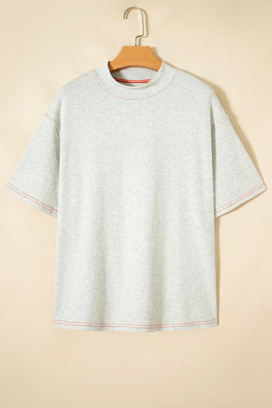 Reversible Contrast Stitch Drop Shoulder High Neck Short Sleeve Tee