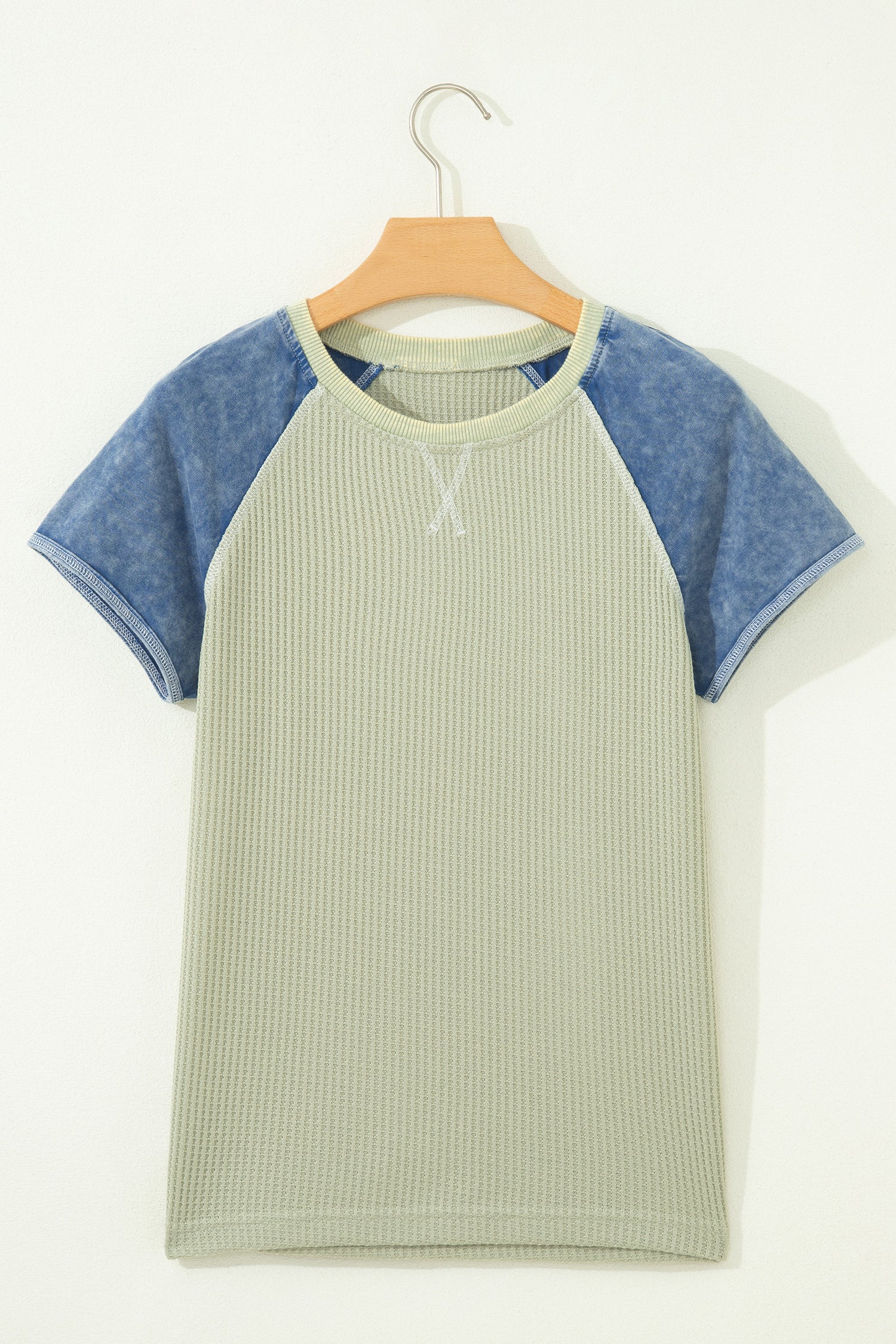 Waffle Knit Seam Detail Colour Block Patchwork Short Sleeve Top