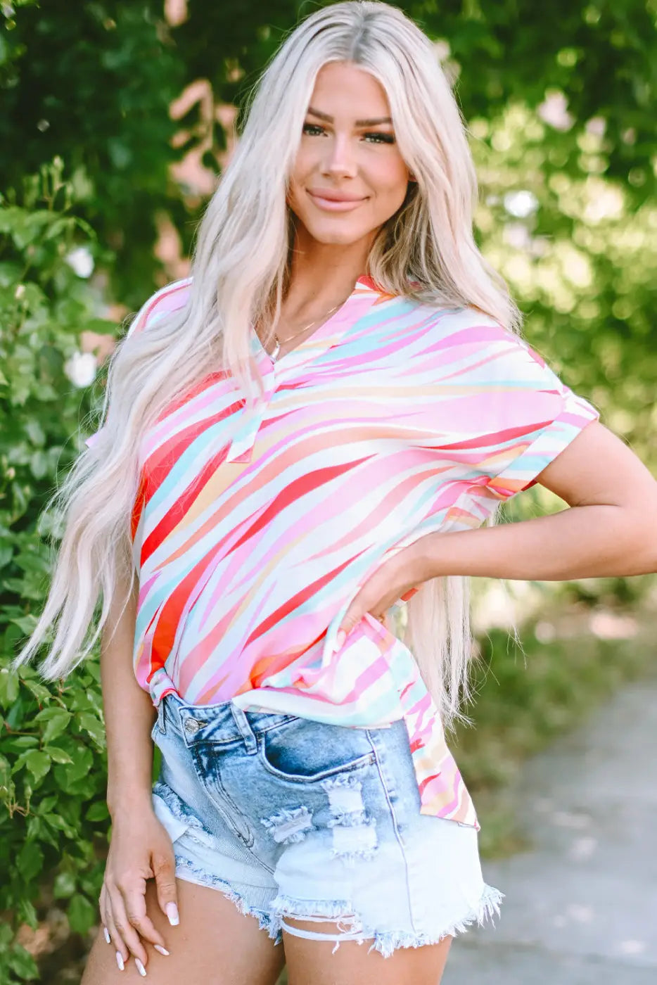Abstract high low short sleeve blouse | fashionfitz